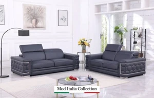 GENUINE Italian Leather Dark Navy 2PC Sofa Loveseat Gray Modern Living Room Set - Picture 1 of 9