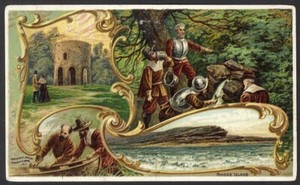 Rhode Island ARBUCKLE'S Coffee 1892 Trade Card NEWPORT STONE MILL Roger Williams