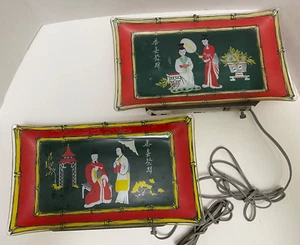 Pair MCM WALL PICTURE LIGHTS GLASS Asian Figures Bamboo Over Bed Sconces 3-way - Picture 1 of 18