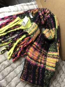 Nordstrom BP Scarf Fringe Trim Wrap Plaid Multicolor Neon Yellow Knit New! - Picture 1 of 6