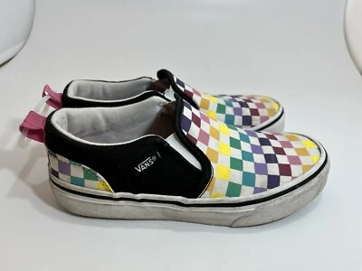 Vans Niños Clásicos Sin Cordones Arco Iris Cuadros Zapatos Negro Borde Niños Talla 2 Foto 1 de 4