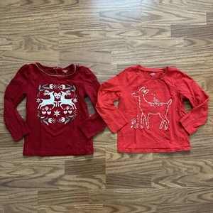2 Pc Carter’s Kid Girls 7 7A Christmas Holiday Long Sleeve Shirts Red Deer EUC! - Picture 1 of 15