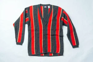 VTG 90s Y2K Tommy Hilfiger Merino Wool Multicolor Vertical Stripe Sweater Deep V - Picture 1 of 7