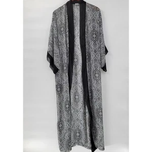 Vintage Cacique Lingerie Kimono Robe @L/XL Womens Gray Black Sheer Paisley Long - Picture 1 of 17