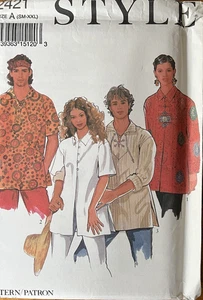 Vtg Style 2421 Men's Women's BOHO Ethnic Lace-up Tops sewing pattern 30-48 UNCUT - Picture 1 of 2