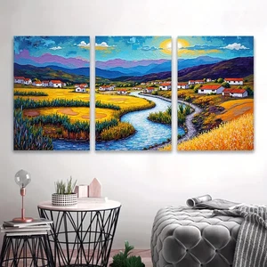 3pcs Vibrant With River Sunset & Mountain Wall Art Canvas Unframed/Framed - Picture 1 of 8