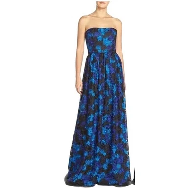 Vestido de baile David Meister feminino sem alças floral renda azul cobalto preto 8 - Imagem 1 de 4
