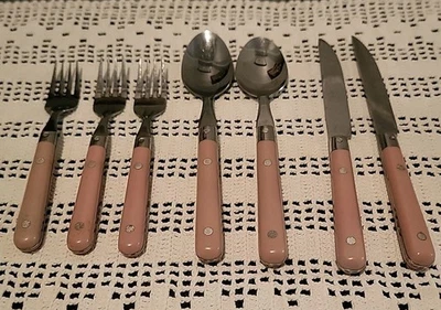 Cubiertos de acero inoxidable Estia Corea 7 piezas Lote con asas de plástico retro ROSA  Foto 1 de 4
