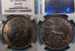 1891 GREAT BRITAIN VICTORIA PENNY NGC MS 62 BN SHOWS RED #521-64 - Picture 1 of 1