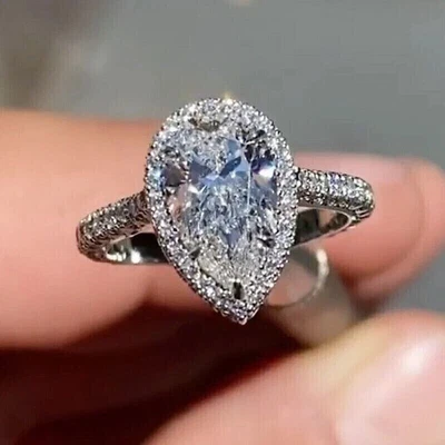 Halo Engagement Ring 3.00 Ct Pear Cut Lab-Created Diamond 14K White Gold Plated - Image 1 of 4