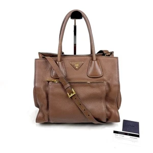 PRADA  Vitello Daino Handbag with Top Handle Crossbody Strap Tan Brown Authentic - Picture 1 of 11