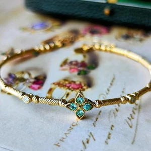 Natural Paraiba Tourmaline Diamond 18K Flower Bracelet / Bangle【Made in Japan】 - Picture 1 of 11