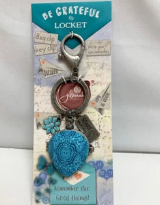 New Jilzarah Be Grateful Blue Clay Heart Pewter Locket Key Ring Charm Clip - Picture 1 of 3