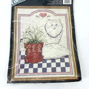 Kit Punto de Cruz Contado Banar Designs Gatito Gato 11x14 Blanco Persa con Planta NUEVO - Imagen 1 de 5