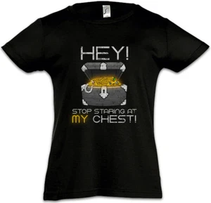 HEY STOP STARING AT MY CHEST Kids Girls T-Shirt Ninja Looter Fun MMORPG Gamer - Picture 1 of 1