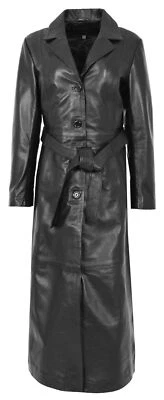 Women's Soft Black Leather Full Length Coat Long Overcoat Matrix Trench Coat - Image 1 of 4