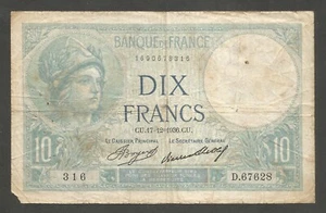France 10 Francs 17.12.1936; VG; P-73e; BNB-B953e; Minerva; "Caissier Principal" - Picture 1 of 2
