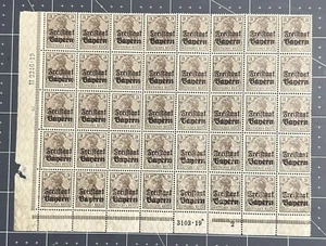 1919 Germany Bavaria Overprint Stamp Scott #177 - MNH PLATE BLOCK OF 40 Stamps - Picture 1 of 11