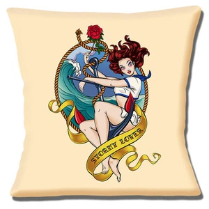 Funda de cojín Sailor Jerry Stormy Lover Dama 16x16 pulgadas 40 cm estilo tatuaje crema - Imagen 1 de 3