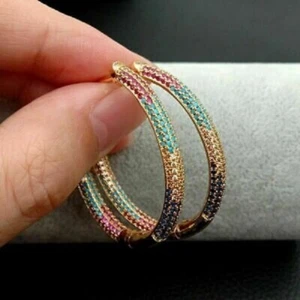Delicate 2Ct Round Cut Rainbow Multi Color Hoop Earrings 14K Yellow Gold Finish - Picture 1 of 4