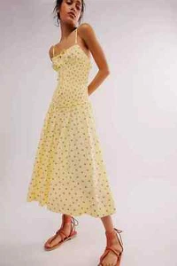 Free People LAvender Daze Midi Dress Sz Medium Yellow & Strawberries - Picture 1 of 5