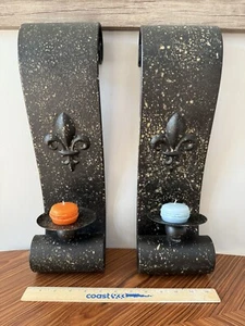 Vintage Fleur De Lis Metal Wall Sconces Candle Holders - Picture 1 of 7
