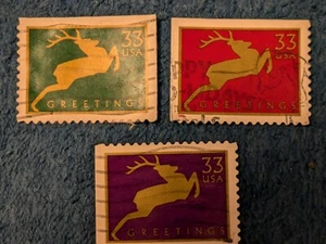 1999 Deer Leaping Stamps (3) Green, Red, Purple - Picture 1 of 1
