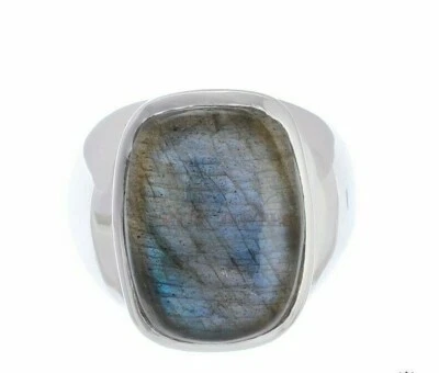 Naturale Labradorite Pietra preziosa con 14K Oro Bianco Placcato Anello Argento - Immagine 1 di 4