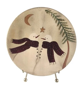 Primitive Donna weiß handbemalt Holz 6 Zoll Schneemann Teller - Bild 1 von 10