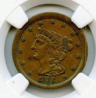 1855 EE. UU. Medio centavo cabello trenzado C-1 NGC AU53 BN Foto 1 de 4