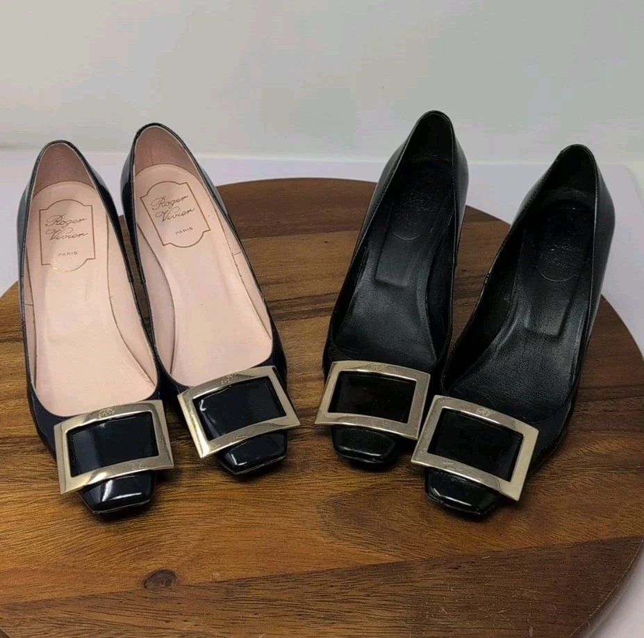 2 ROGER VIVIER Trompette Navy Blue/Black 36 US 6 Women's Patent Leather Pumps  - Image 1 of 4