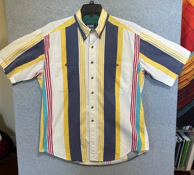 Vintage 90's Basic Options Mens Striped Color Block Button Down Short Sleeve - L - Image 1 of 4