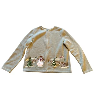 Vintage Women's Fleece Zip Up Jacket Snowman Winter Scene Size M Country Scene - Picture 1 of 4