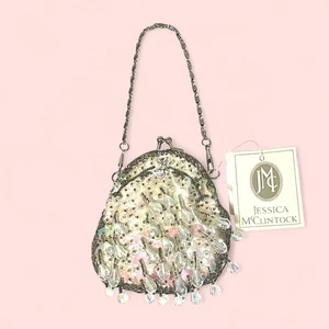 Jessica McClintock Silver Satin Beaded Sequin Coin Purse Wedding Evening Bag NWT - Picture 1 of 7