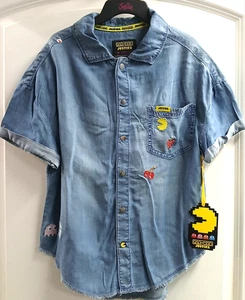 JUSTICE GIRLS PAC MAN DENIM SHIRT BLUE SNAP SHORT SLEEVE SHRIVELED BOTTOM SZ 5/6 - Picture 1 of 12