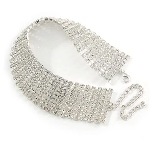 Statement Collana Choker Cristalli Trasparenti 9 Righe In Tono Argento - 28cm L/10cm Ext - Foto 1 di 6