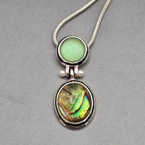 VTG Napier Drop Pendant Necklace 16" Silver-Tone Abalone & Green Iridescent Ston - Picture 1 of 10