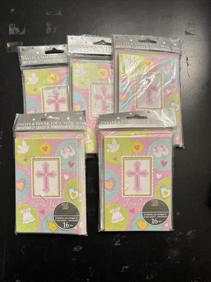 Lot Of 5 Sweet Christening Cross Pink Blue Religious Invitations/ Thank You - Image 1 of 3