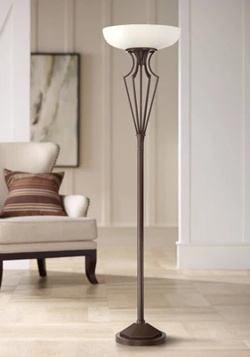 Torchiere Floor Lamp LED Oiled Bronze Frosted Glass Shade Living Room Uplight - Image 1 of 4