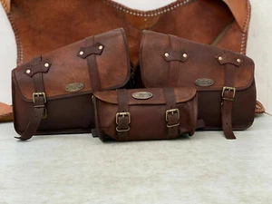 Leather Motorcycle Saddle Bags Saddlebag Luggage Bag Sportster 3 Pcs Large - Picture 1 of 10