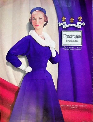 1954 Forstmann Woolen Company vestido de noche púrpura Passaic NJ anuncio estampado vintage Foto 1 de 2