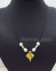 White 10-11mm Rice Pearl & Gold Elephant Pendant 20-21'' Leather necklace-ne6150 - Picture 1 of 1