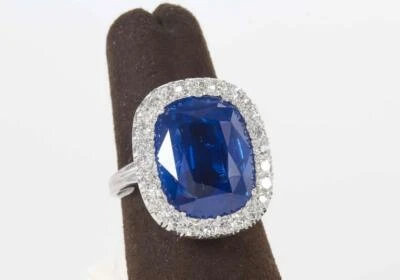 Rare 16 Carat Burma Cushion Cut Blue Sapphire With 0.60CT CZ Accents Halo Ring - Image 1 of 4