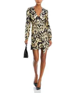 AQUA V-Neck Long Sleeve Dress Women's XS Black/Gold Printed Asymmetric Side Zip - Picture 1 of 12