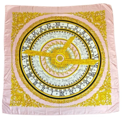 VINTAGE Pañuelo de Seda Calendario Perpetuo Diseño Guirnalda Dorada con Rosa Barroco Foto 1 de 4