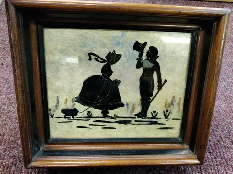 Vintage Silhouette Reverse Hand Painted Fibers Dried Flowers Dog 1930s 14" x 11 Cover