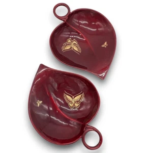 Japanese Lacquer Metal Heart Leaf Trinket Dishes Deep Red Gold Butterflies x2 - Picture 1 of 16