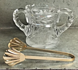 American Brilliant Cut Glass 2 Handled Spooner Sugar w Tongs Antique Crystal Exc - Picture 1 of 13
