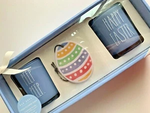 RAE DUNN Candle Set 2 HAPPY EASTER PEEP Car Freshener FLOWER SHOP Blue Jar NEW - Picture 1 of 6