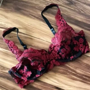 Lunaire Sevilla Bra Balconette Size 34D Semi Sheer Red Black Embroidered Floral - Picture 1 of 8